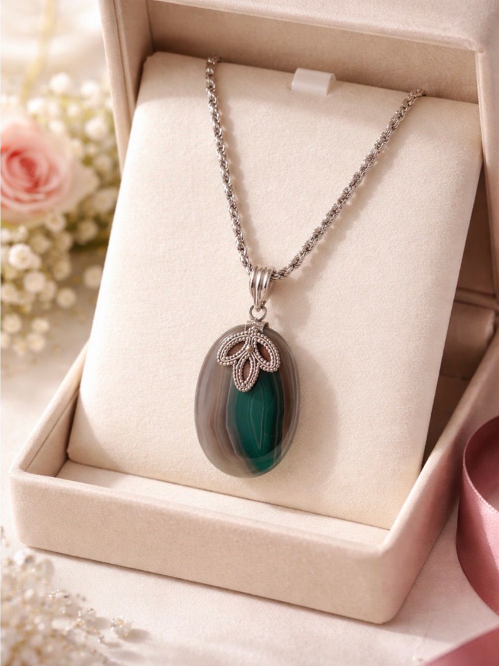 Vintage Monet 925 Silver Green Agate Pendant Necklace for Women
